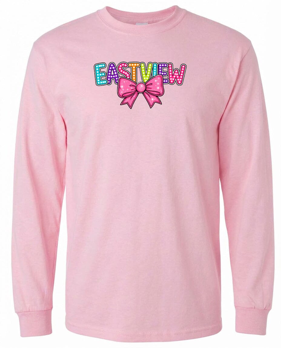 A pink long-sleeved shirt with a colorful bow and the word "EASTVIEW" printed on it.