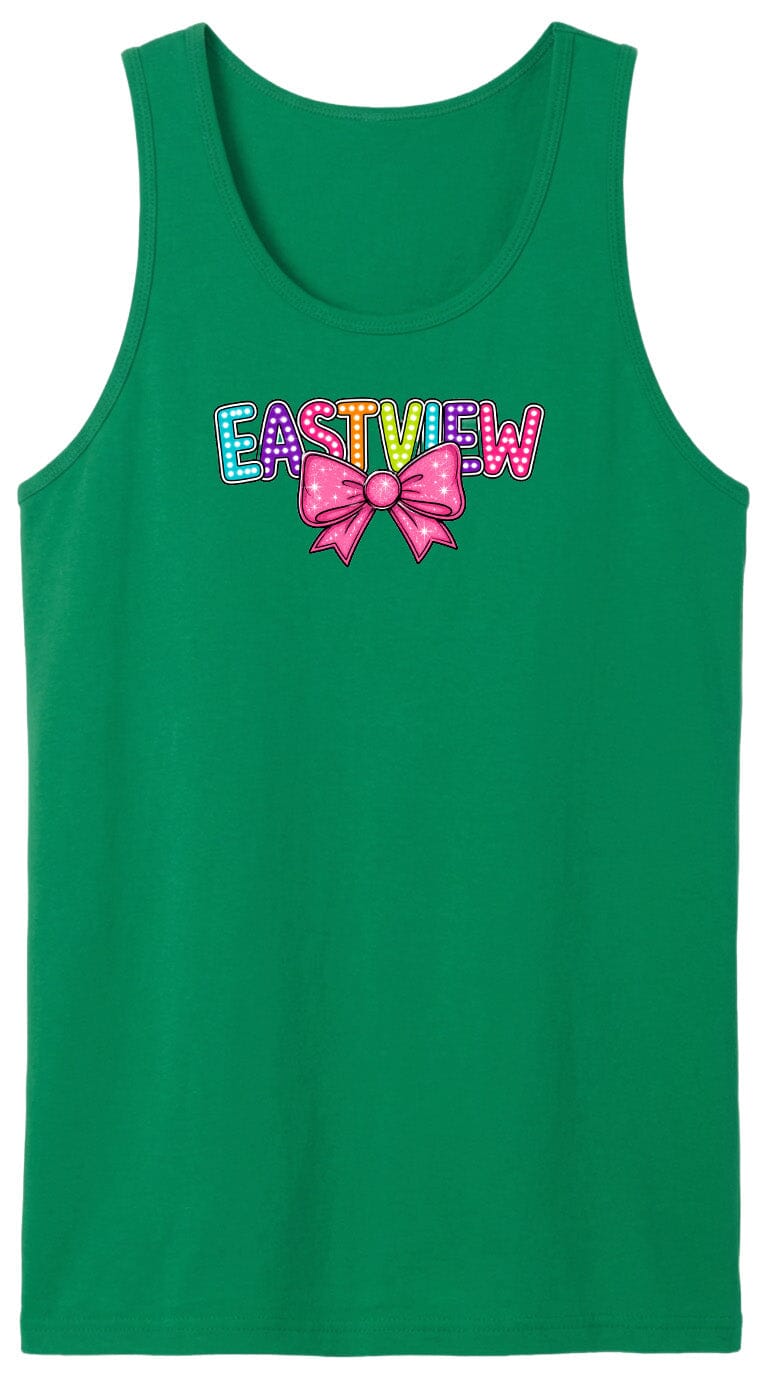 A green tank top with the word "EASTVIEW" printed on it, along with a colorful bow.