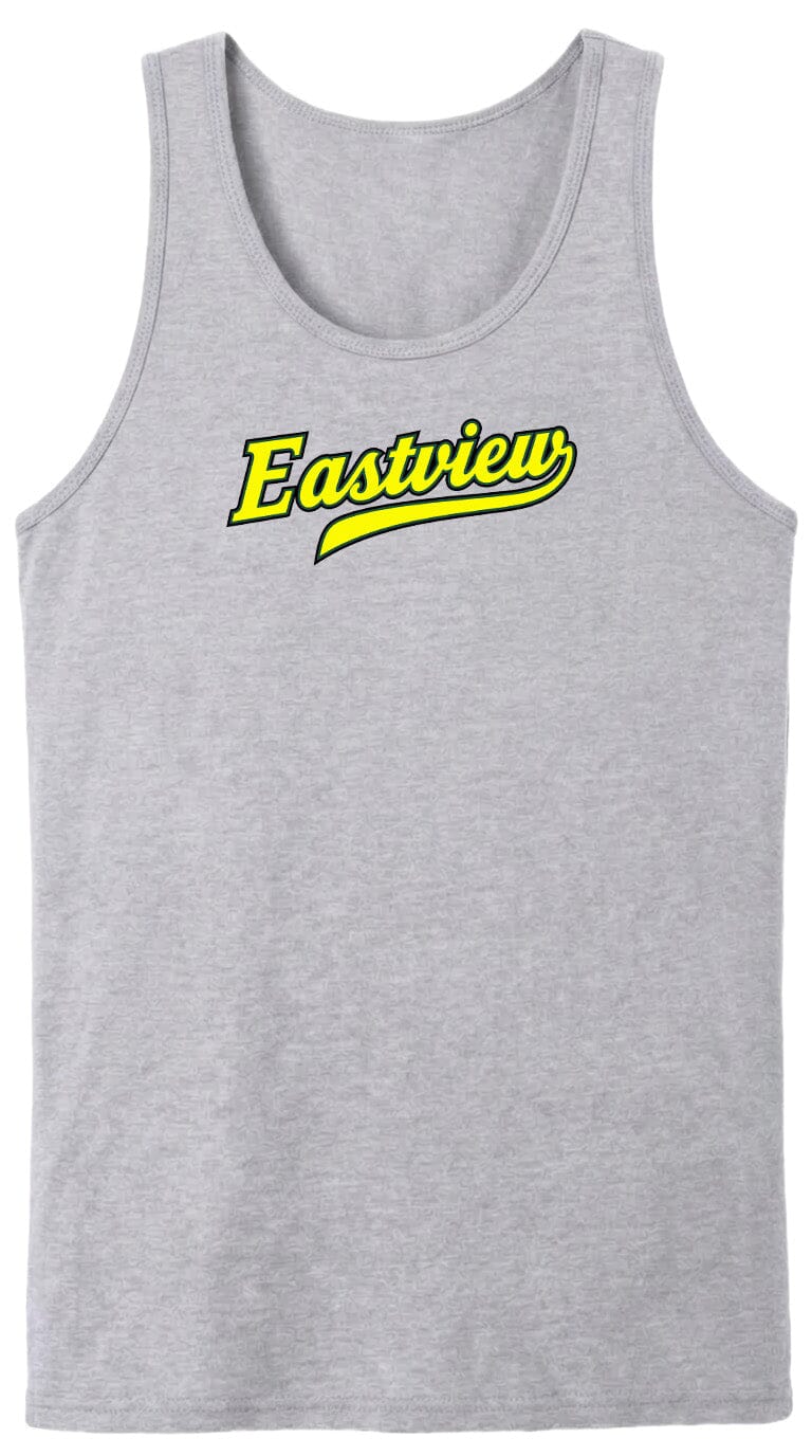 A gray tank top with the word "Eastview" printed in yellow on the front.