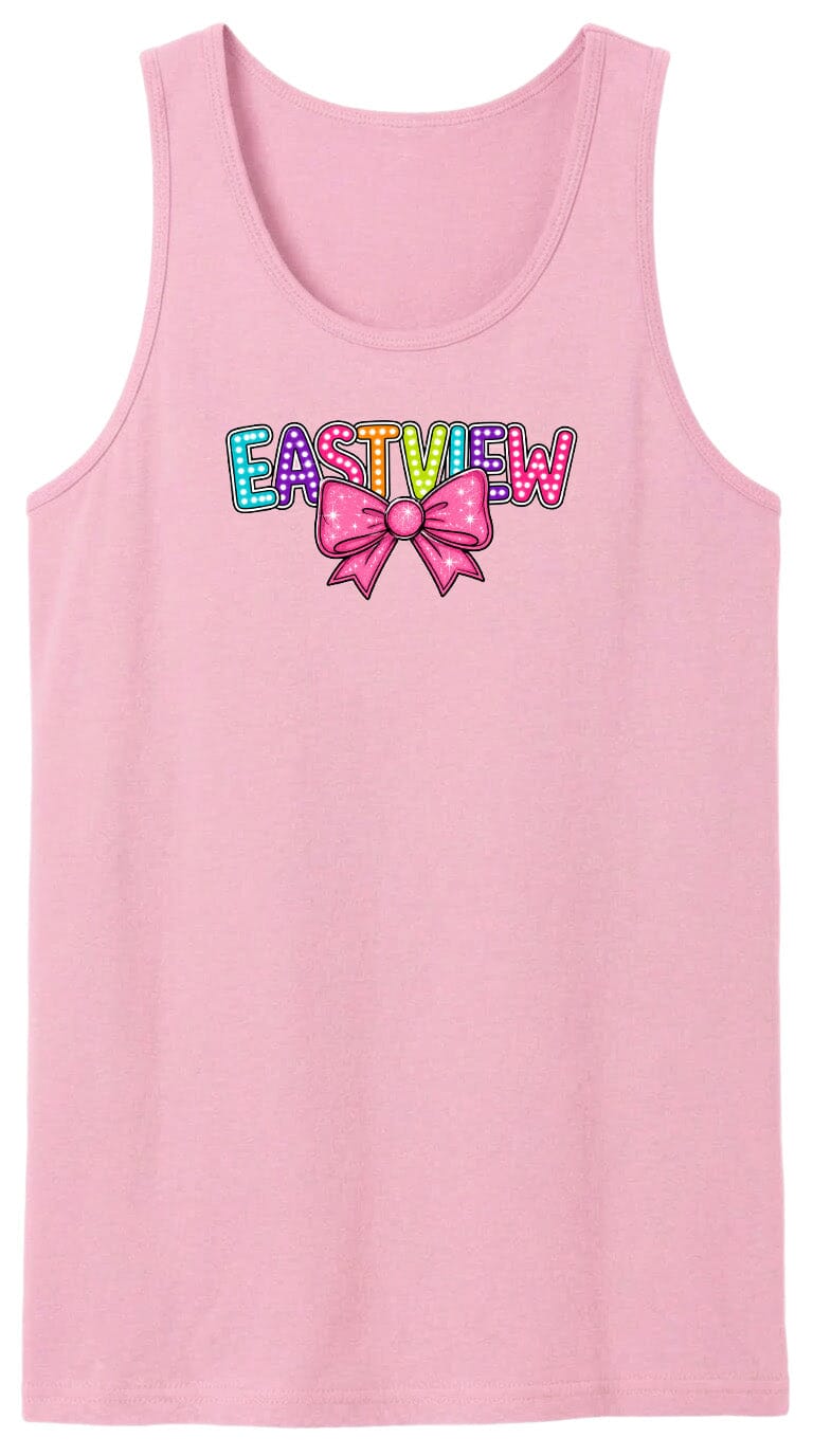 A pink tank top with the word "EASTVIEW" printed on it in a colorful, stylized font.