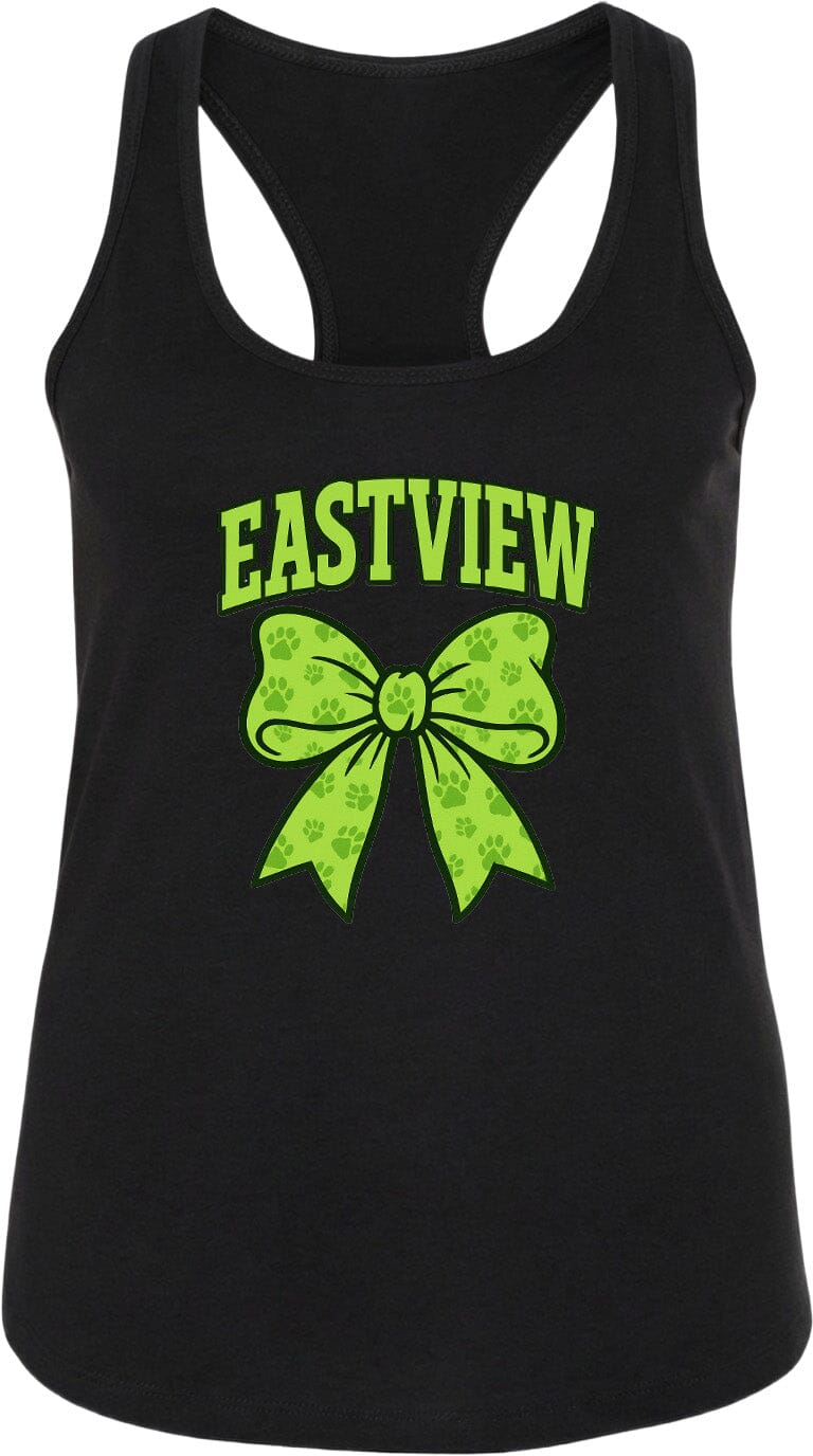 A black tank top with a green bow and the text "EASTVIEW" printed on it.