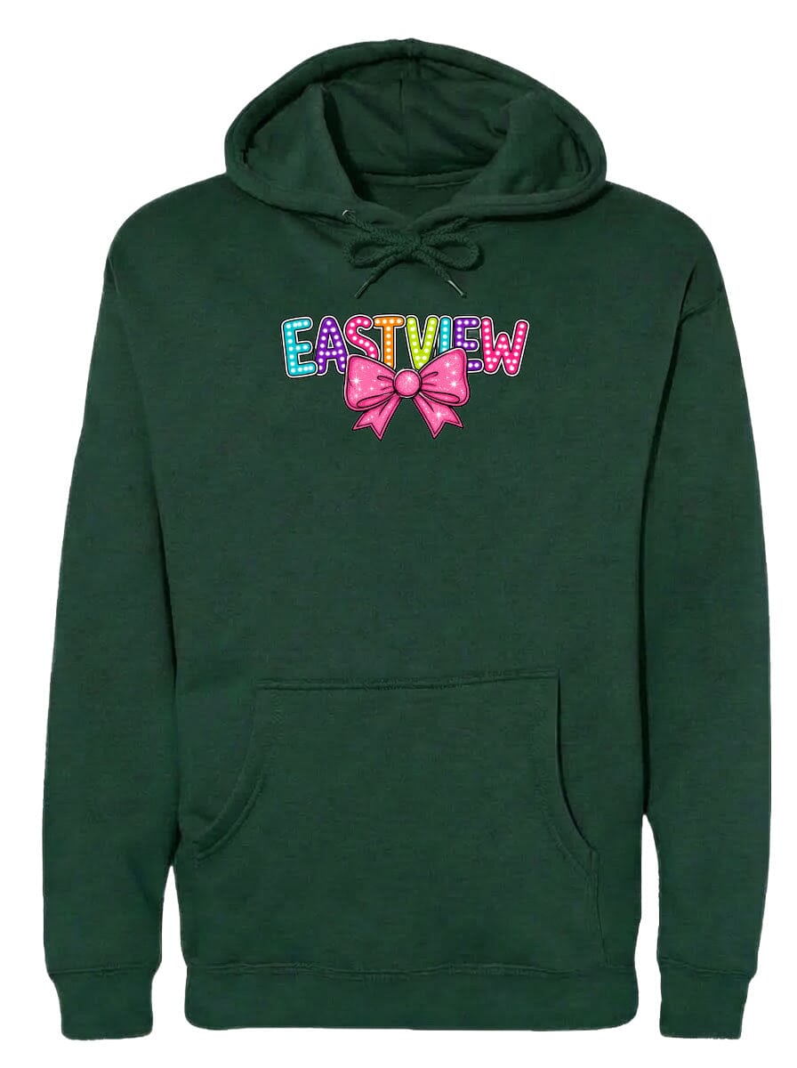A dark green hoodie with a colorful bow and the word "EASTVIEW" printed on it.