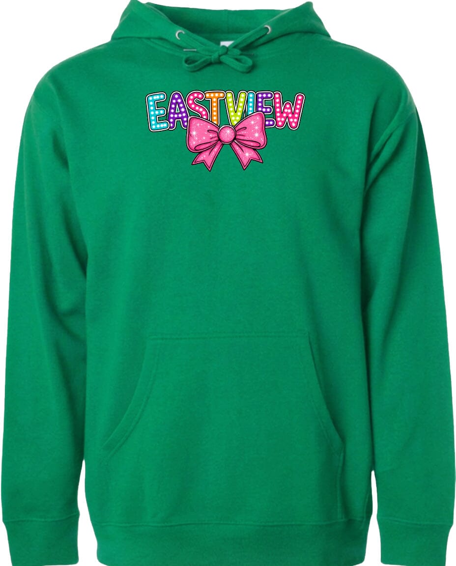 A bright green hoodie with a colorful bow and the word "EASTVIEW" printed on it.