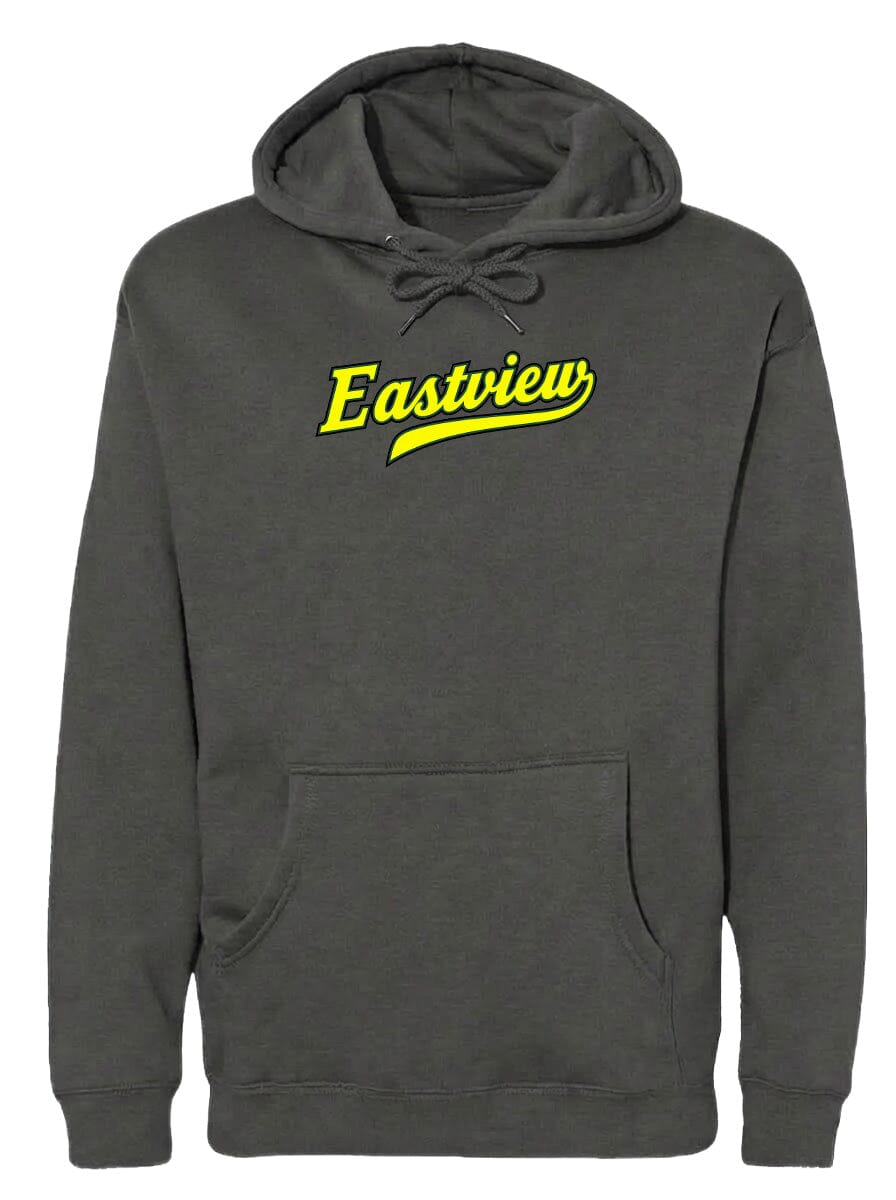 A gray hooded sweatshirt with the word "Eastview" printed in yellow on the front.