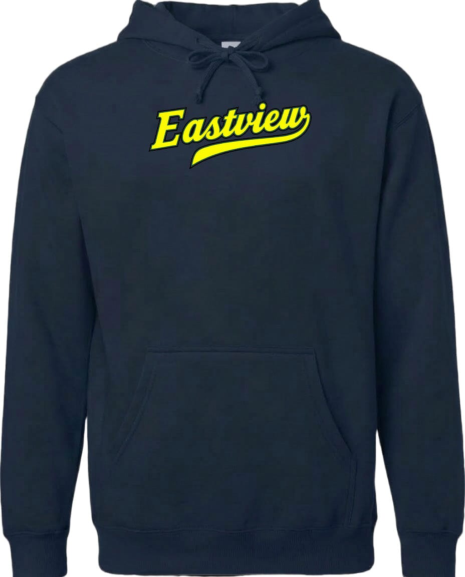 A navy blue hoodie with the word "Eastview" printed in yellow on the front.