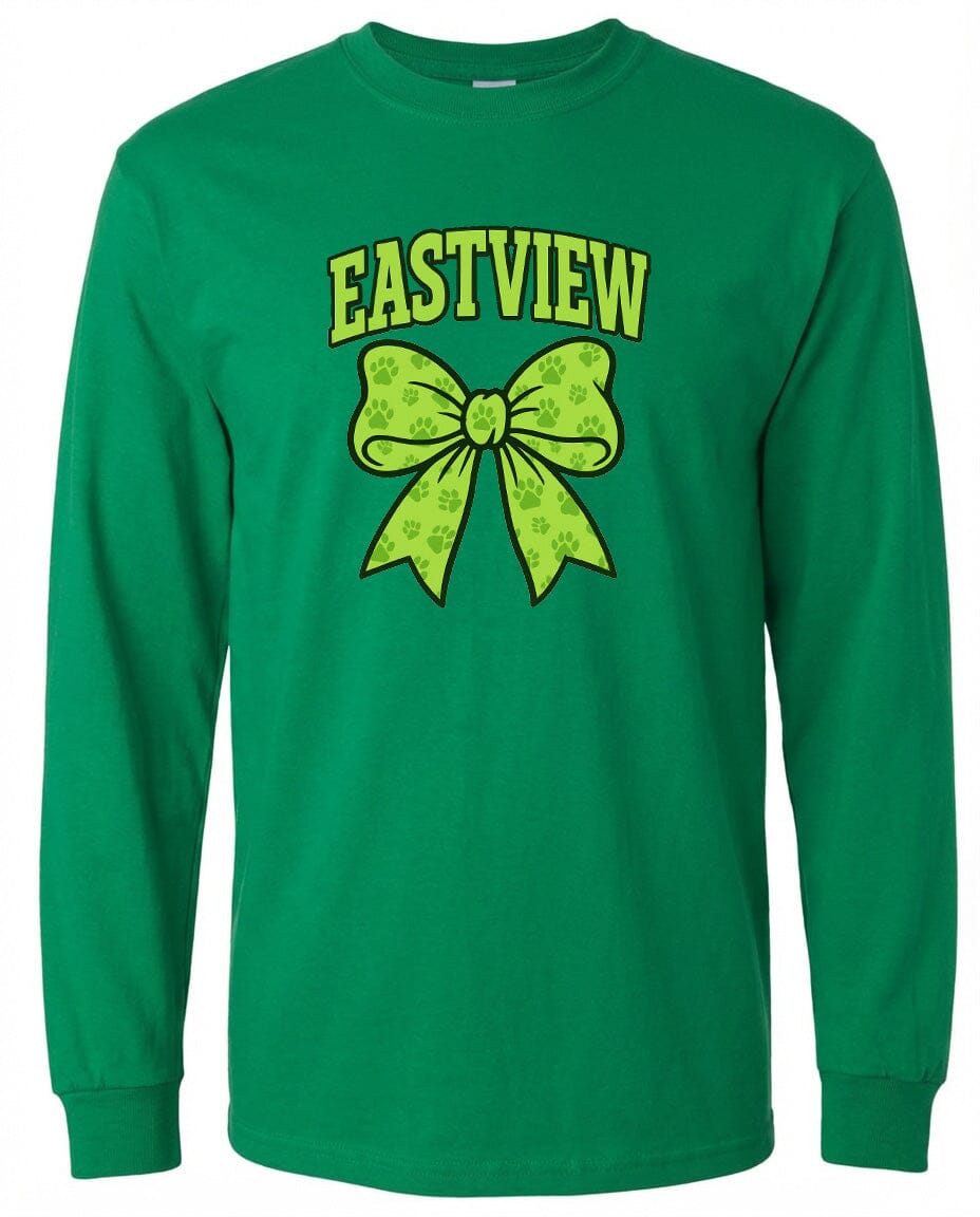 A long-sleeved green t-shirt with a yellow bow and the word "EASTVIEW" printed on it.