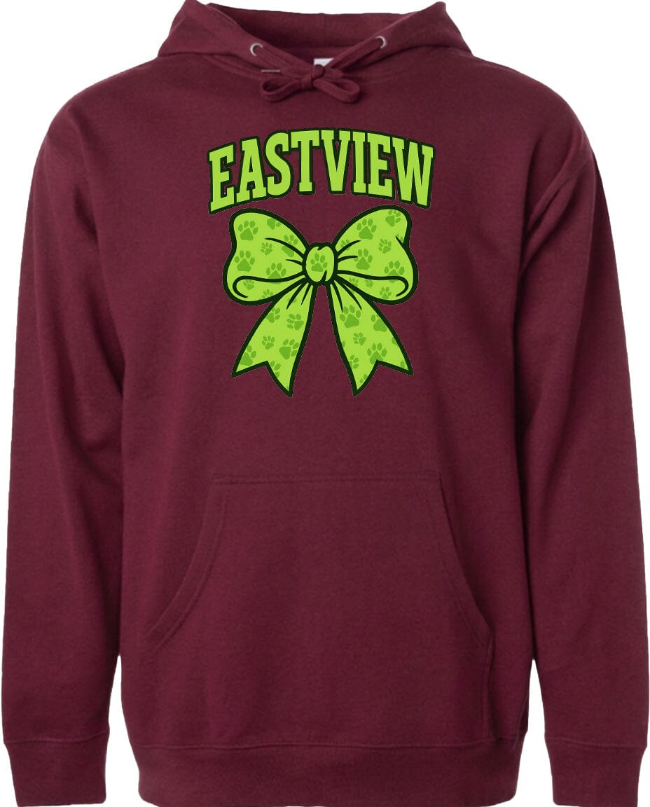 A burgundy hoodie with a graphic design on the front, featuring a green bow with paw prints and the word "EASTVIEW" written above it.