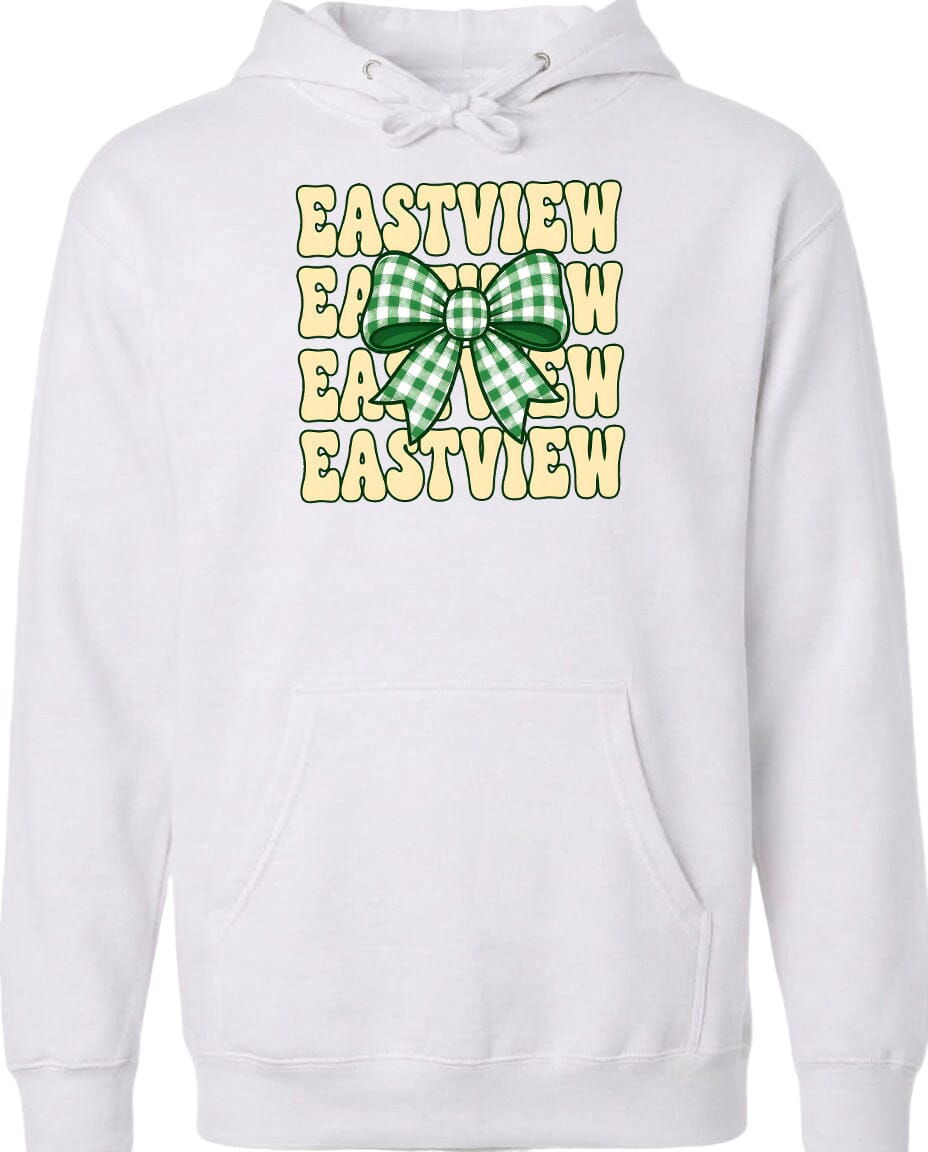 A white hoodie with a graphic design featuring a green and white bow on the front.
