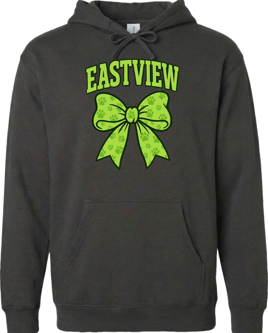 A black hoodie with a green bow and paw prints printed on it.
