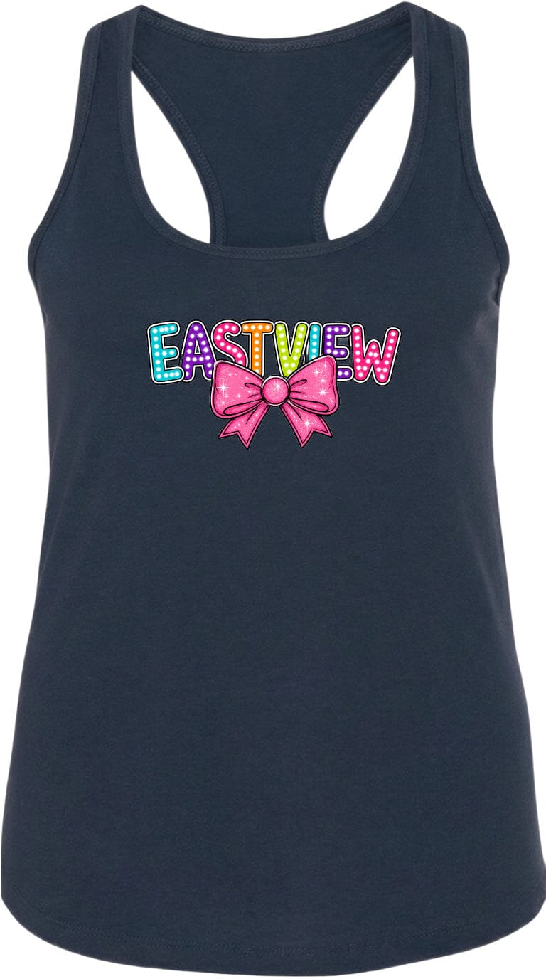 A black tank top with a colorful bow and the word "EASTVIEW" printed on it.