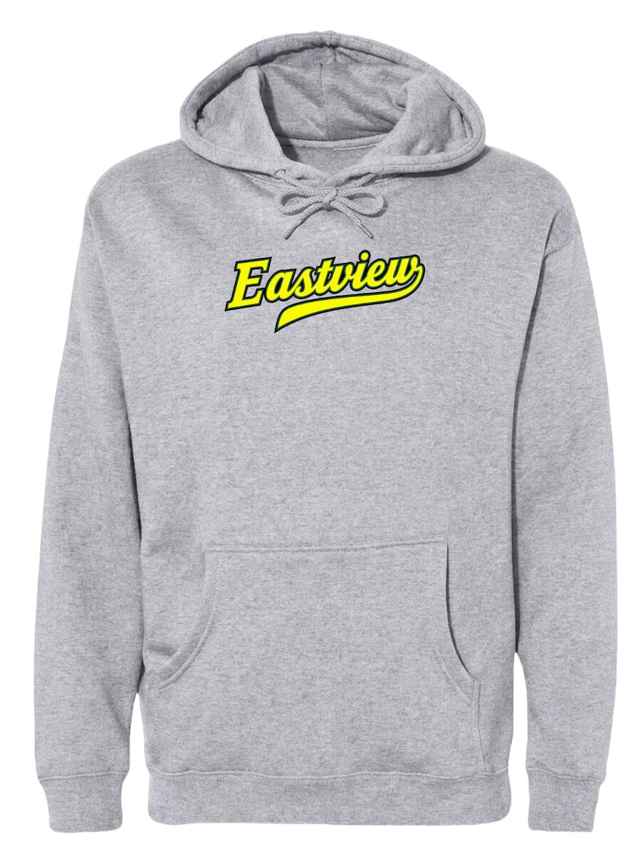A gray hooded sweatshirt with a yellow logo on the front.