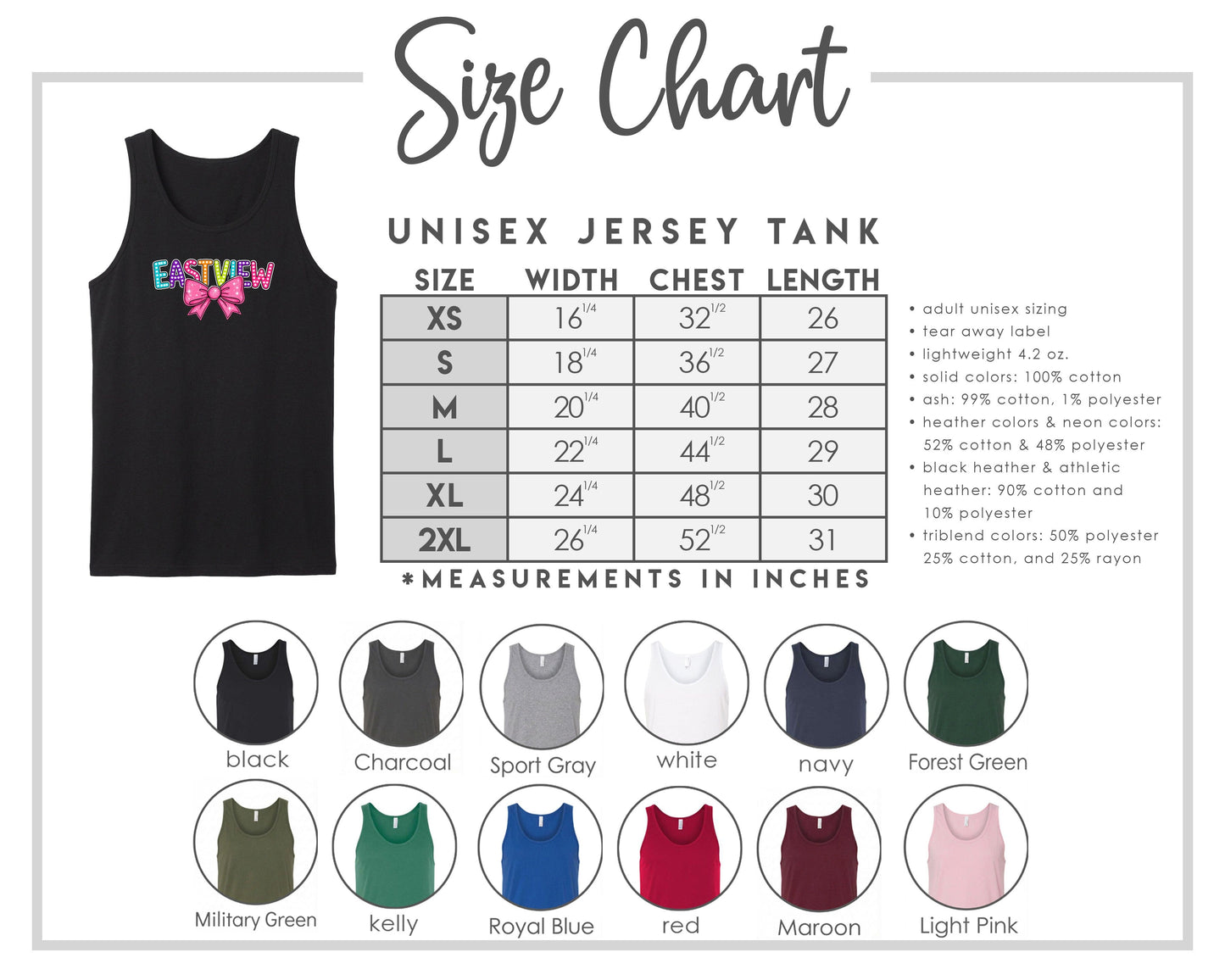 The image is a size chart for a unisex jersey tank, providing measurements and corresponding tank sizes for different chest lengths.