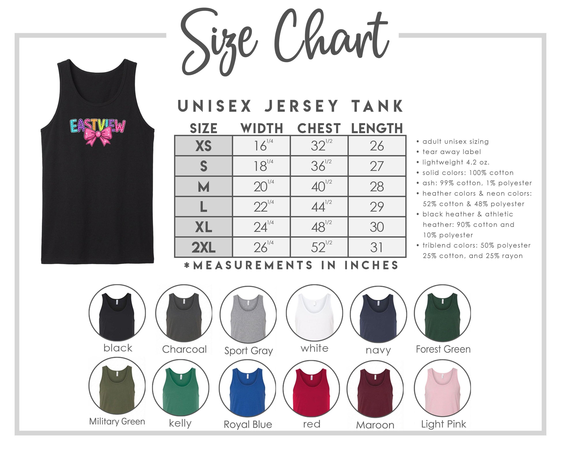 The image is a size chart for a unisex jersey tank, providing measurements and corresponding tank sizes for different chest lengths.