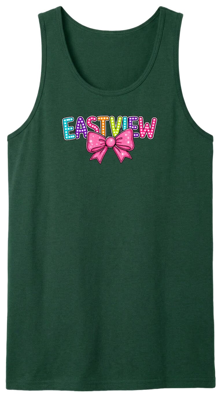 A green tank top with the word "EASTVIEW" printed on it, along with a colorful bow.