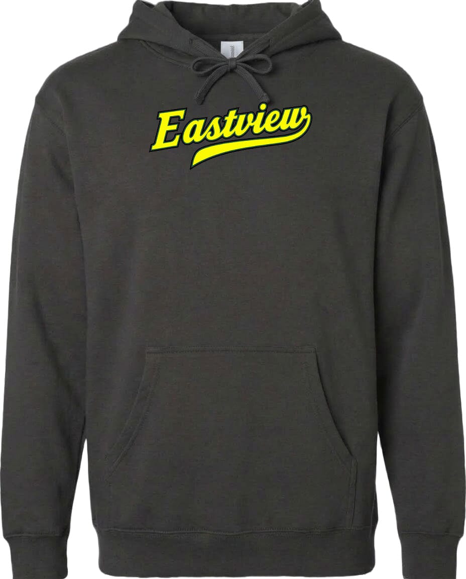 A black hoodie with a yellow text logo on the front.