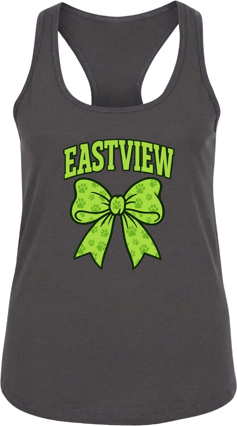 A gray tank top with a green bow and the text "EASTVIEW" printed on it.
