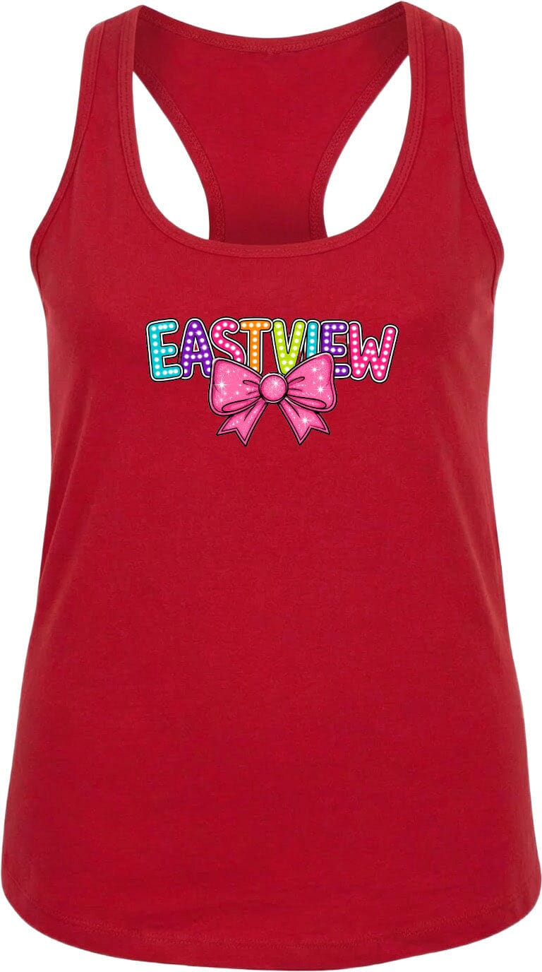 A red tank top with the word "EASTVIEW" printed on it, along with a bow graphic.