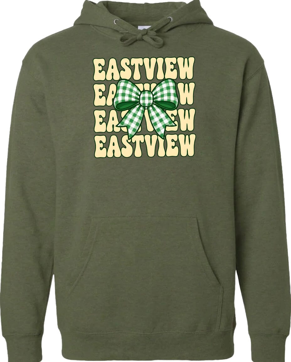 A green hoodie with a graphic design featuring a green and white bow on the front.