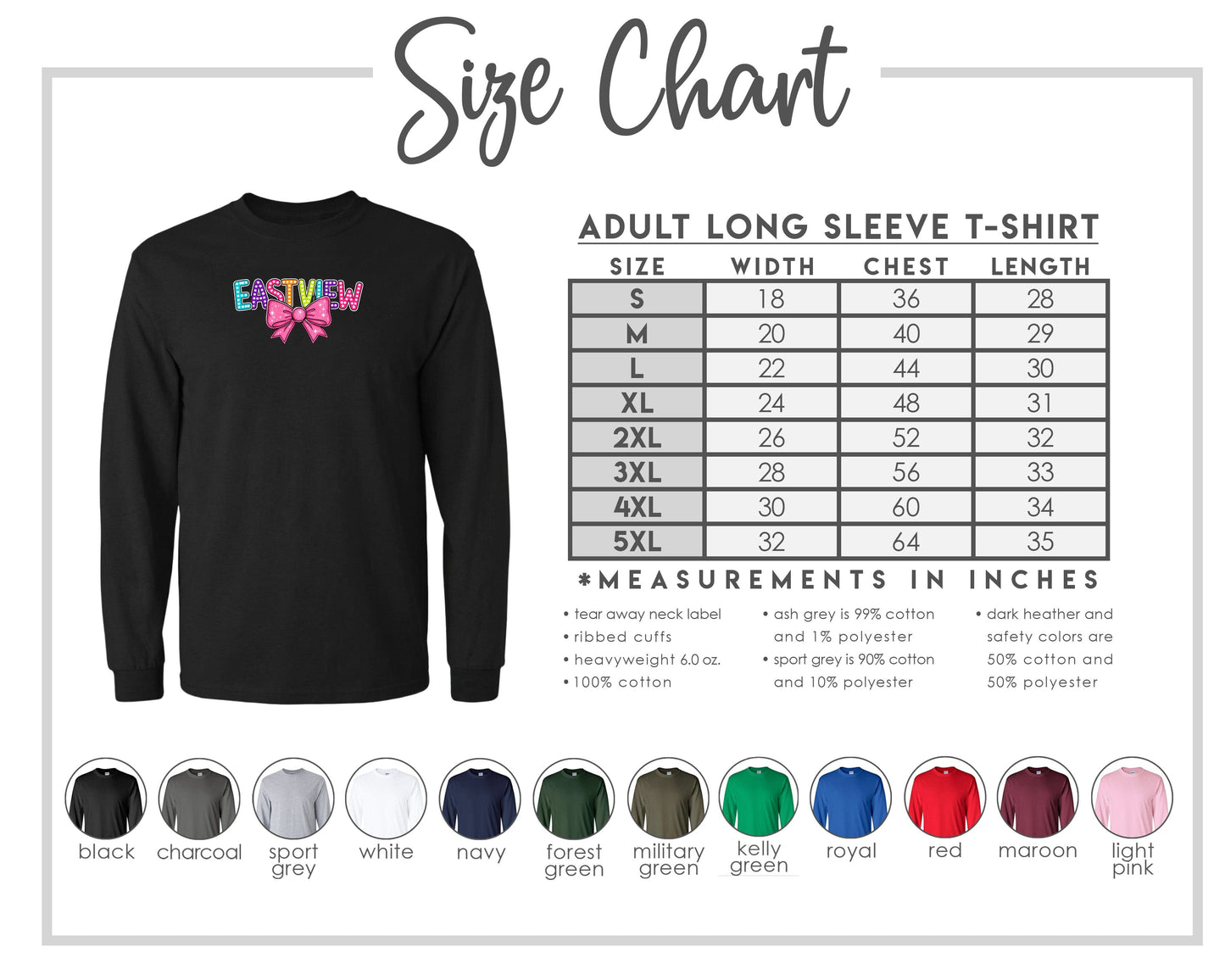 The image is a size chart for an adult long sleeve t-shirt, providing measurements and corresponding shirt colors.