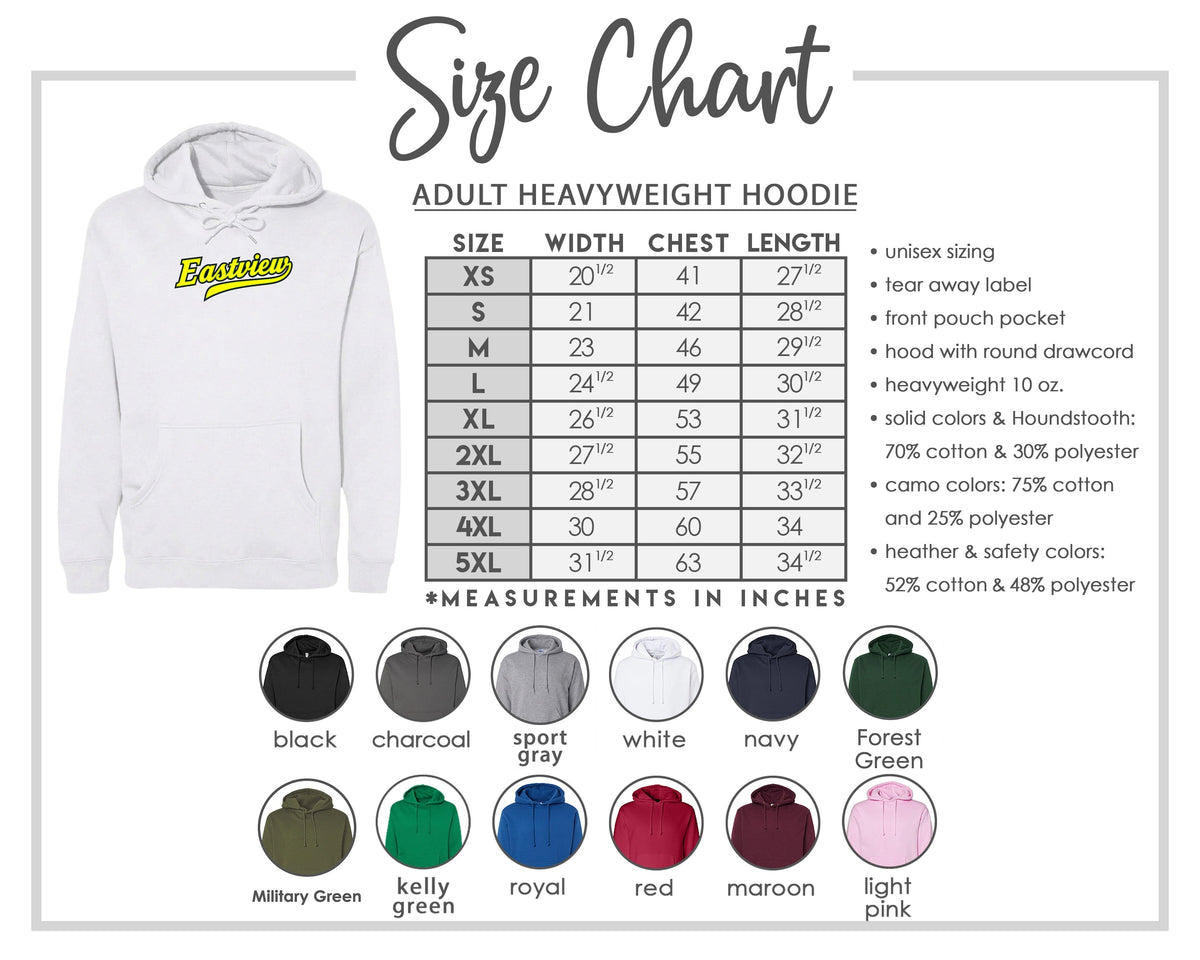 The image is a size chart for an adult heavyweight hoodie, including various color options and measurements in inches.