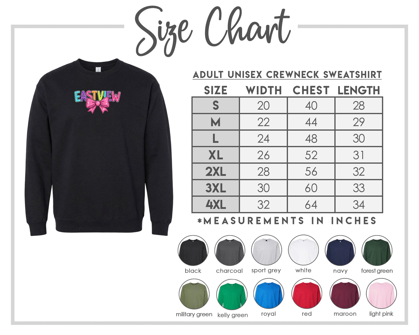 The image is a size chart for an adult unisex crew neck sweatshirt. It includes a black crew neck sweatshirt with the word "EASTVIEW" printed on it, along with a table of size measurements and corresponding crew neck sizes. The chart also displays various color options for the crew neck, including black, charcoal, sport grey, white, navy, forest green, black, royal, red, maroon, and light pink.