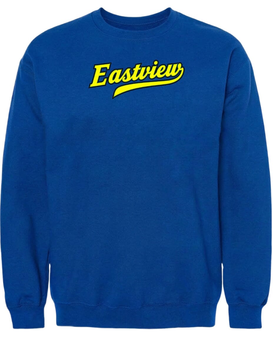 A blue sweatshirt with the word "Eastview" printed in yellow on the front.
