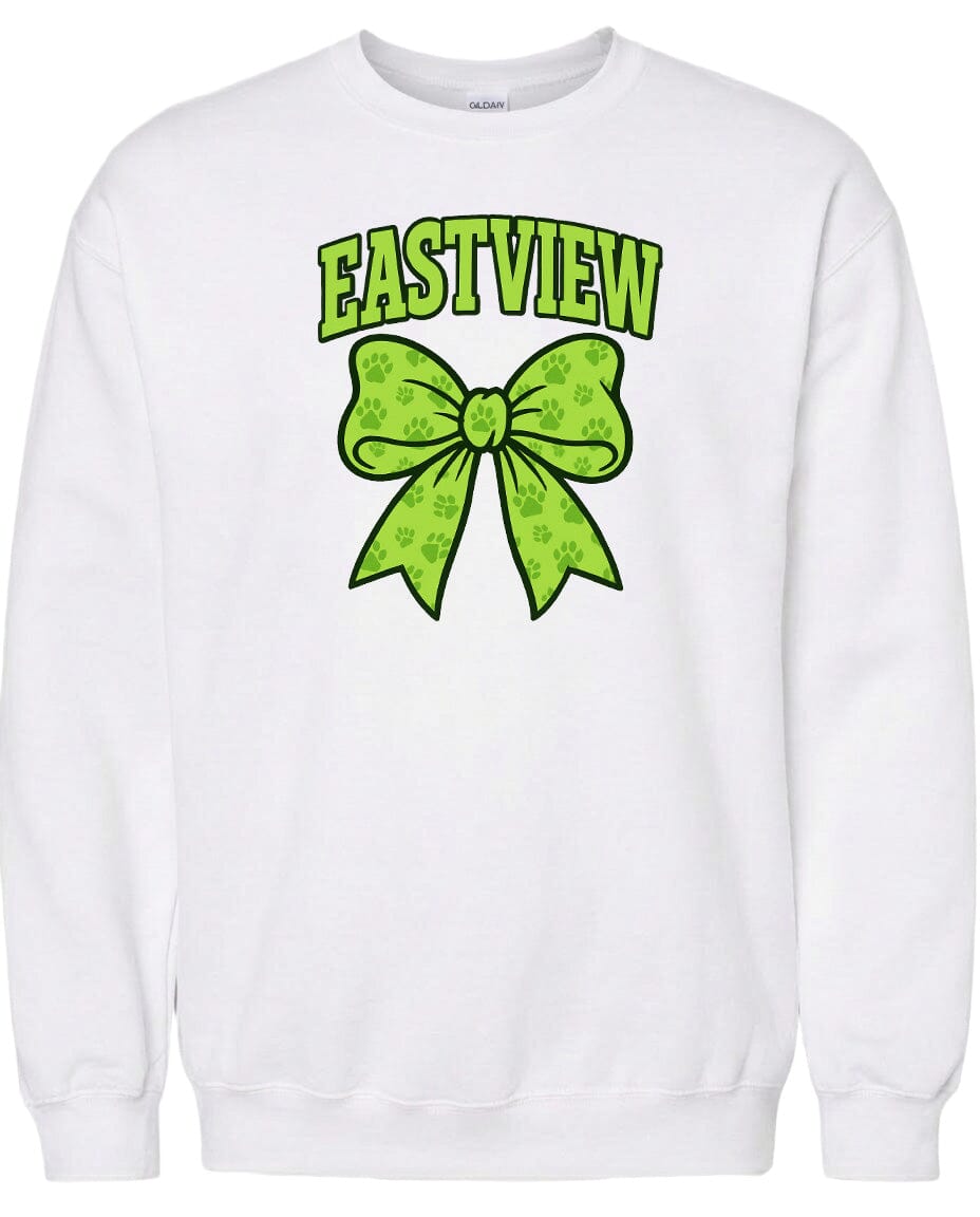 A white sweatshirt with a green bow and the word "EASTVIEW" printed on it.