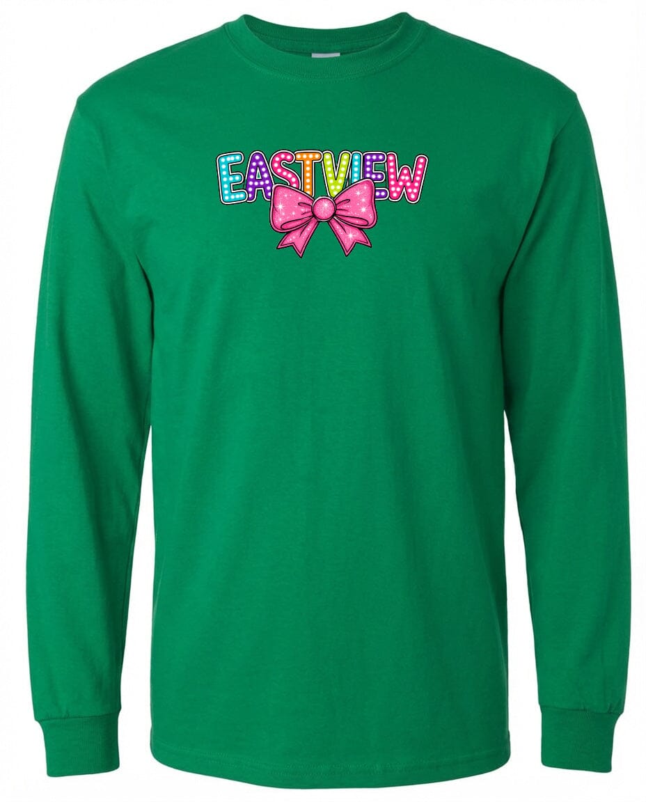 A long-sleeved green t-shirt with a colorful bow and the word "EASTVIEW" printed on it.