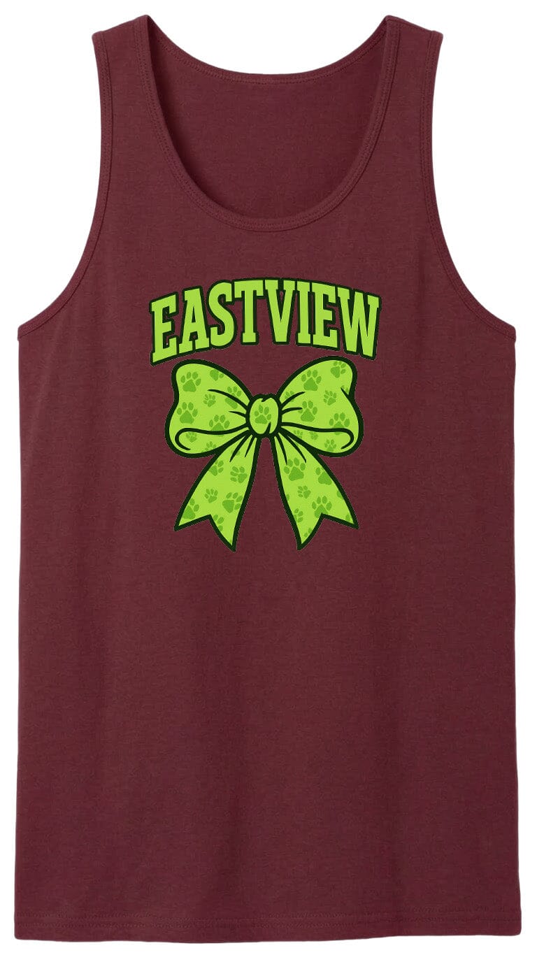 A burgundy tank top with a green bow and paw prints printed on it.