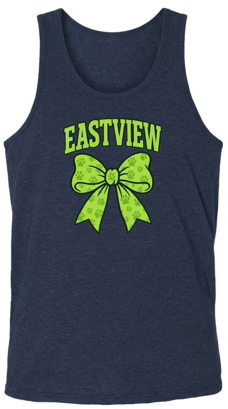 A navy blue tank top with a green bow and paw prints printed on it.