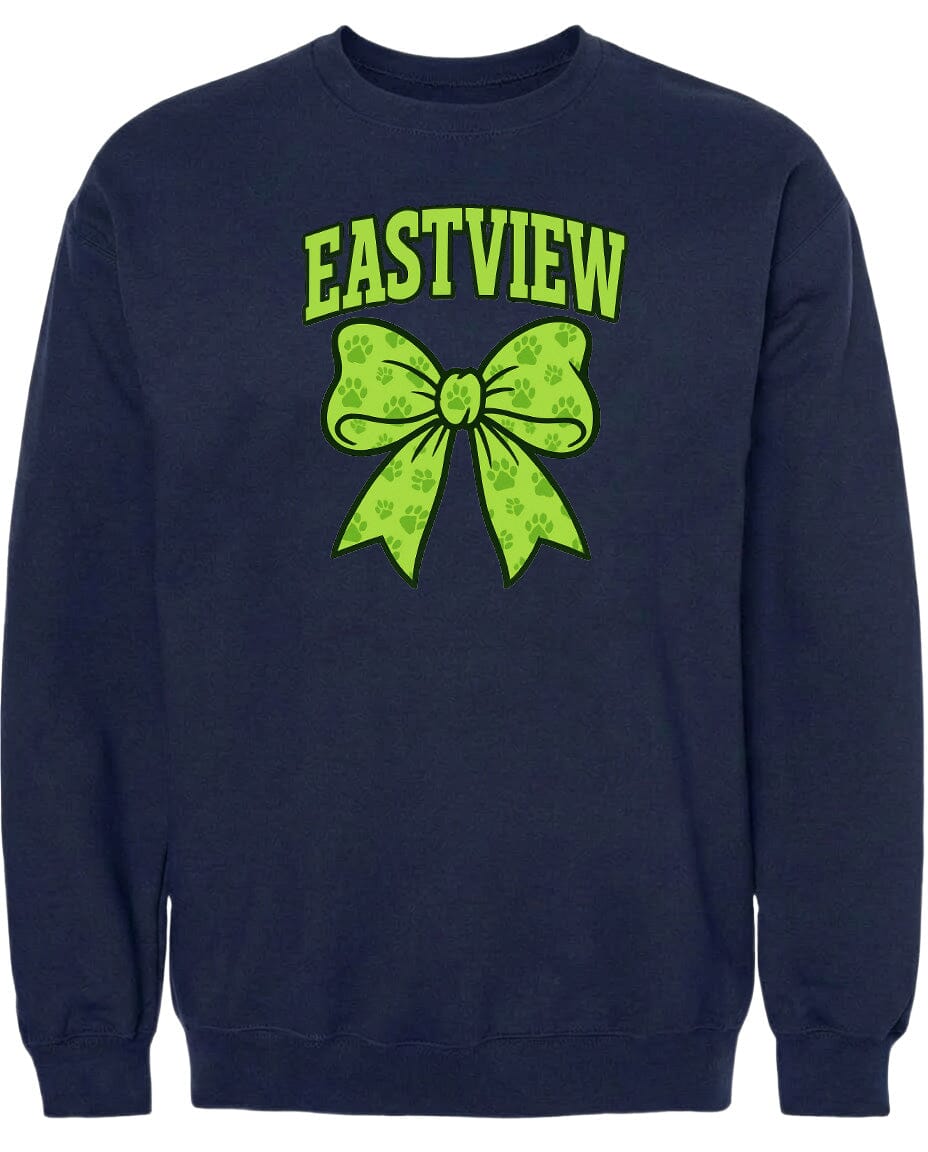 A navy blue sweatshirt with a large green bow and paw prints on it.
