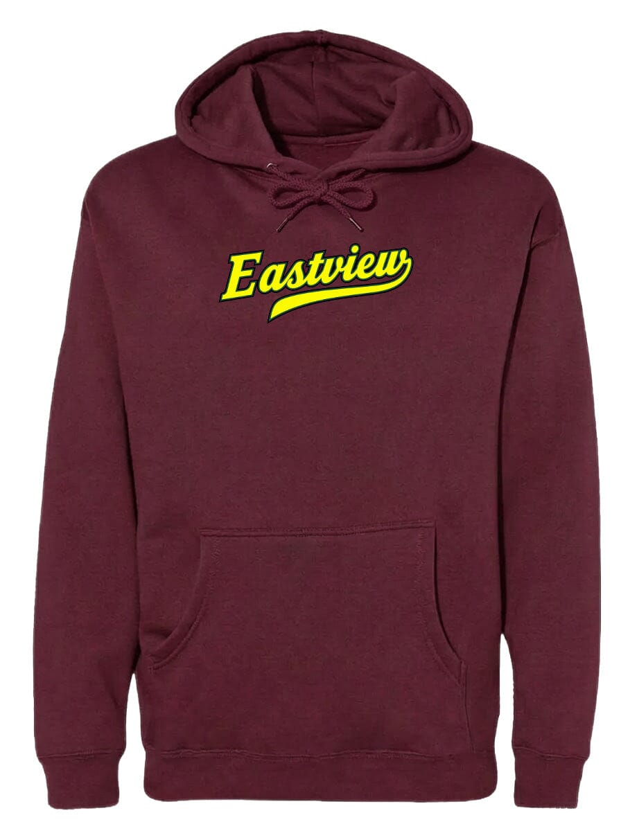 A burgundy-colored hoodie with the text "Eastview" printed in yellow on the front.