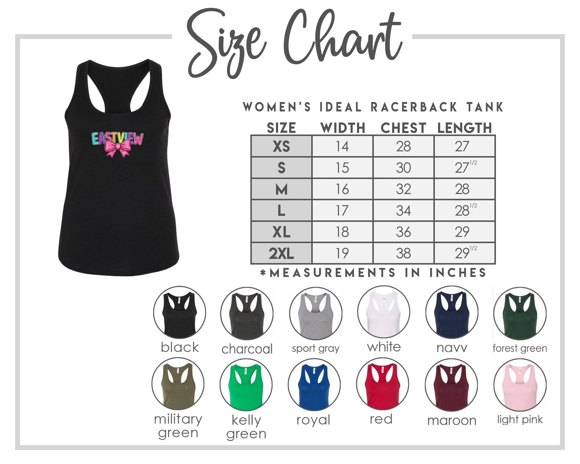 The image is a size chart for a women's ideal racerback tank, including various color options and corresponding chest length measurements in inches.