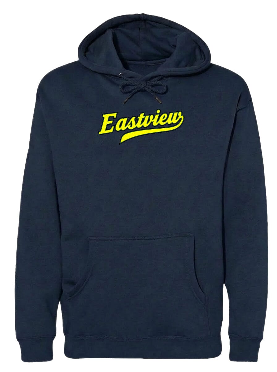 A navy blue hoodie with the word "Eastview" printed in yellow on the front.