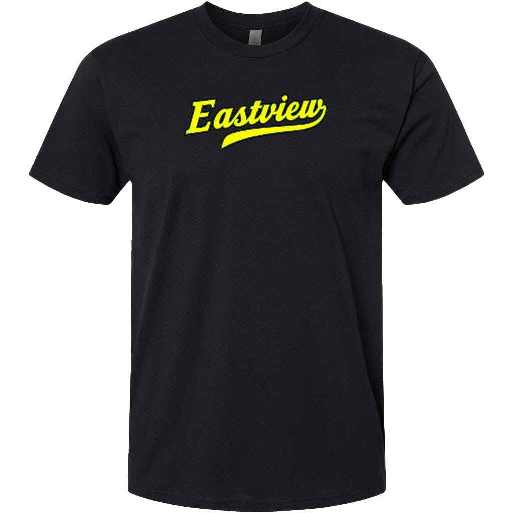 A black t-shirt with the word "Eastview" printed in yellow on the front.