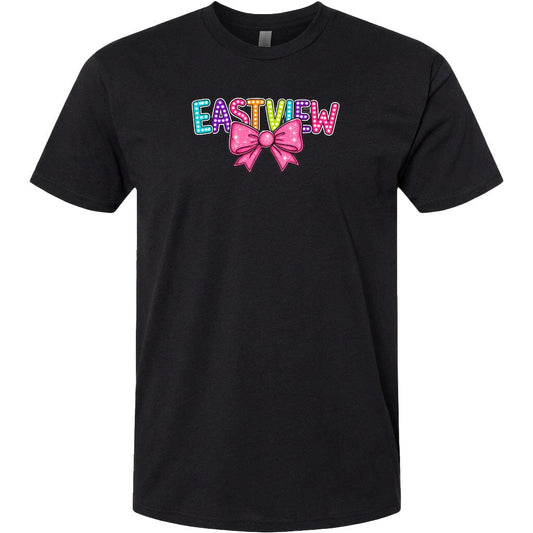 A black t-shirt with a colorful graphic design featuring the word "EASTVIEW" with a bow on the left side.