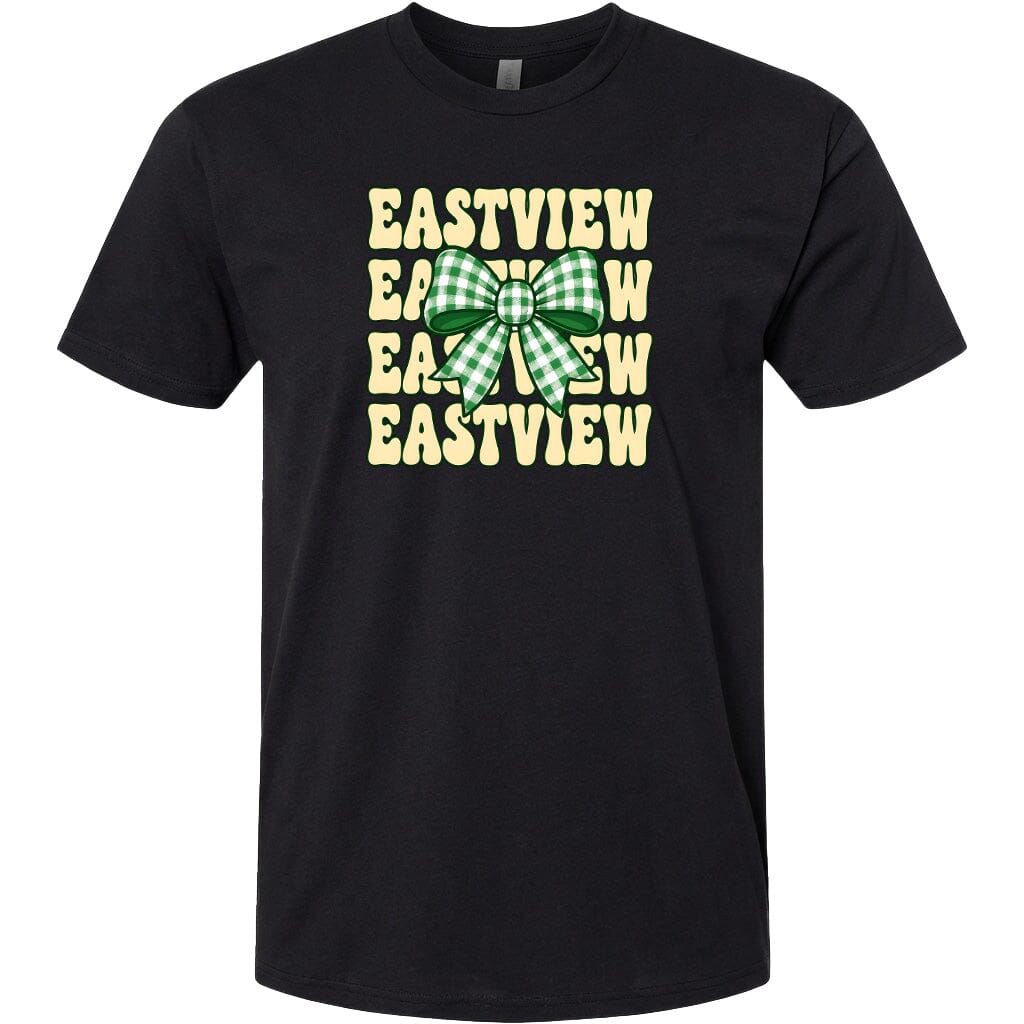 A black t-shirt with a graphic design featuring the text "EASTVIEW" repeated in a vertical orientation, with a green and white checkered bow in the center.