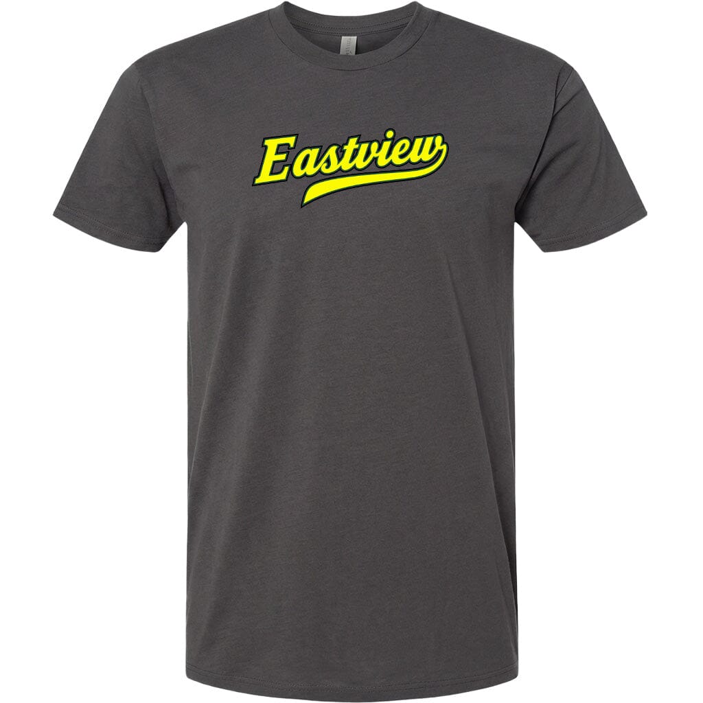 A gray t-shirt with the text "Eastview" printed in yellow on the front.