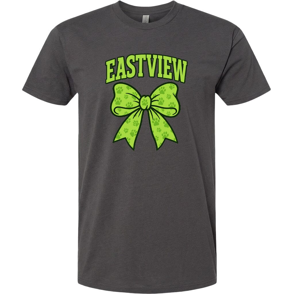 A gray t-shirt with a green bow and the text "EASTVIEW" printed on it.