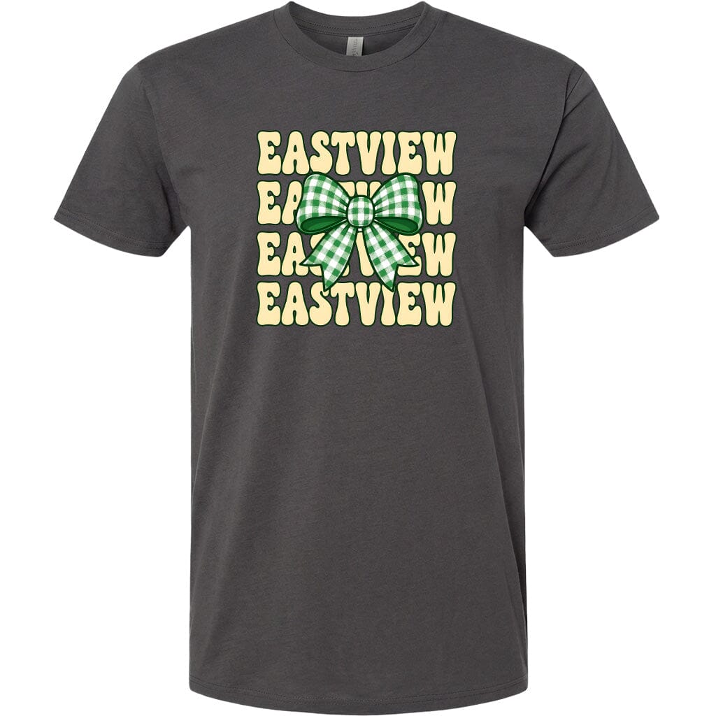 A gray t-shirt with a graphic design featuring the text "EASTVIEW" repeated in a vertical pattern, with a green and white checkered bow in the center.