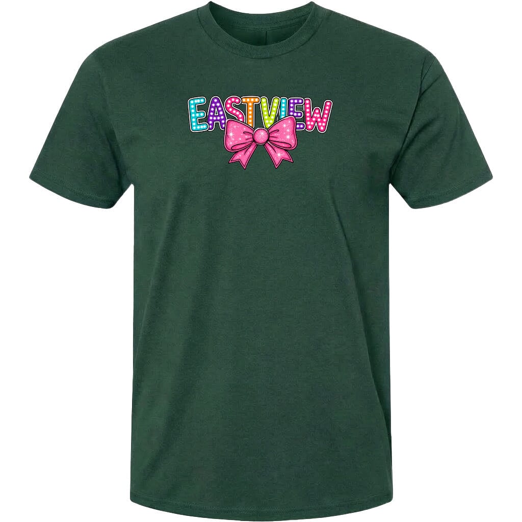 A green t-shirt with a colorful bow and the word "EASTVIEW" printed on it.