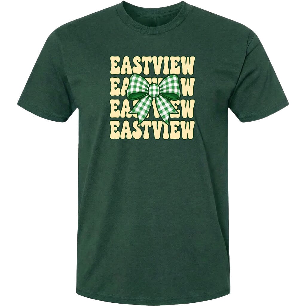 A green t-shirt with a graphic design featuring the word "EASTVIEW" repeated in a vertical pattern, with a green and white checkered bow in the center.