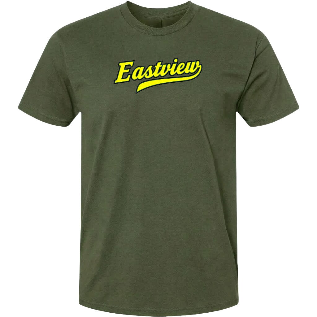A green t-shirt with the word "Eastview" printed in yellow on it.