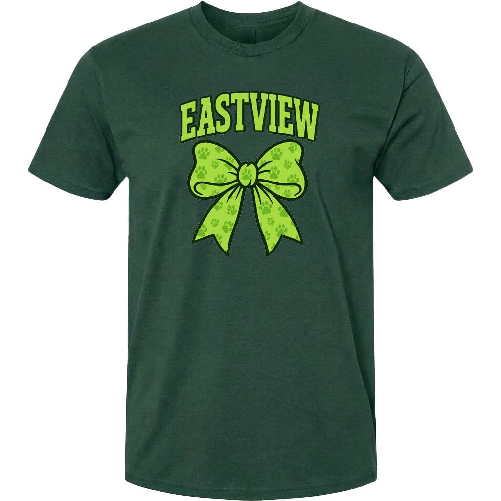 A dark green t-shirt with a large green bow and the word "EASTVIEW" printed on it.