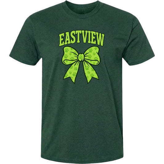 A dark green t-shirt with a large green bow and the word "EASTVIEW" printed on it.