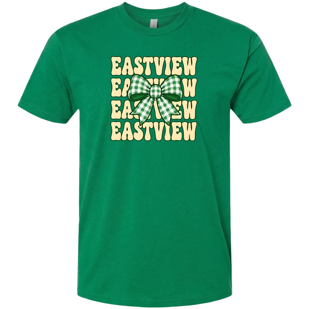 A green t-shirt with a graphic design featuring the word "EASTVIEW" repeated in a vertical pattern, with a bow-like symbol in the center.