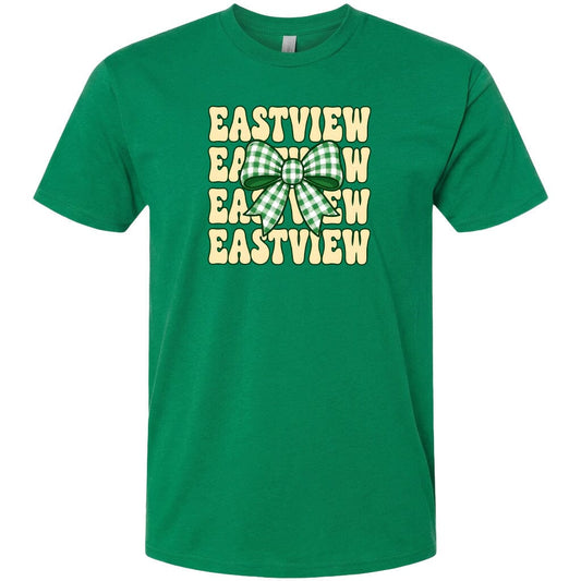 A green t-shirt with a graphic design featuring the word "EASTVIEW" repeated in a vertical pattern, with a bow-like symbol in the center.