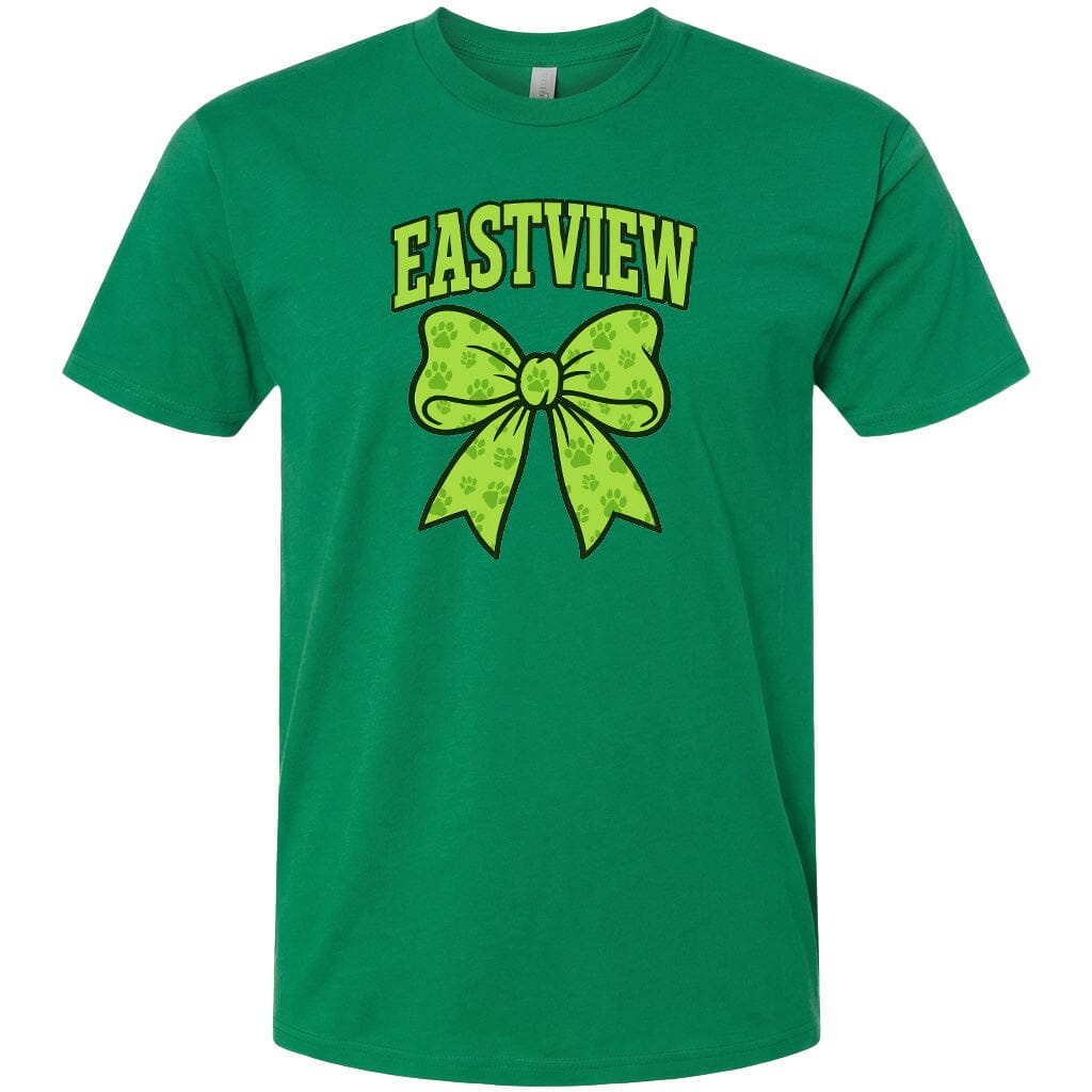 A green t-shirt with a yellow bow and the word "EASTVIEW" printed on it.