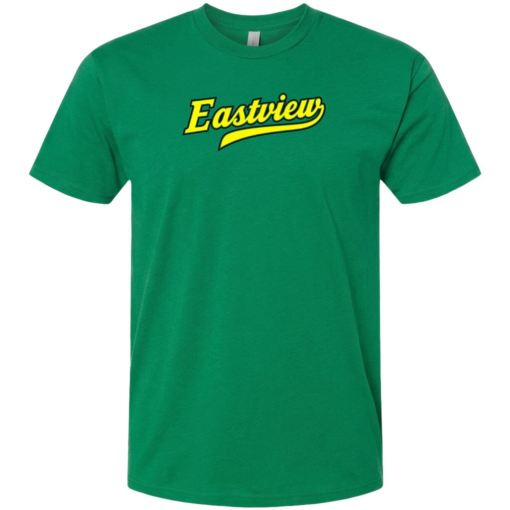 A green t-shirt with the word "Eastview" printed in yellow on it.