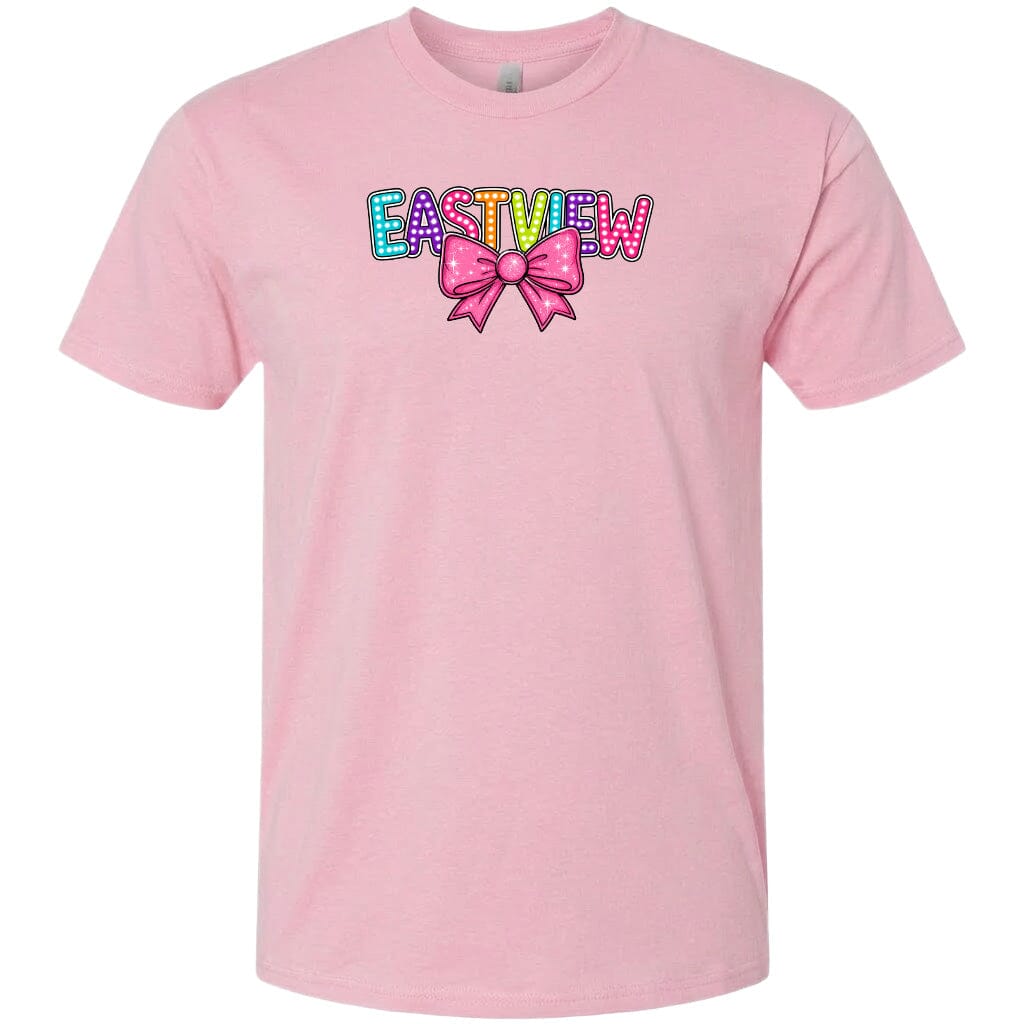 A pink t-shirt with a colorful graphic design featuring the word "EASTVIEW" with a bow on the left side.